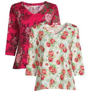 NEW PIONEER WOMAN XL V-NECK TOPS 2-Pack STRETCH Shirt Ivory Floral & Red Rose